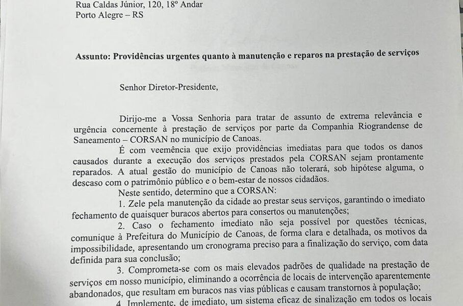 Prefeito Airton Souza pede providências urgentes e reparos à Corsan