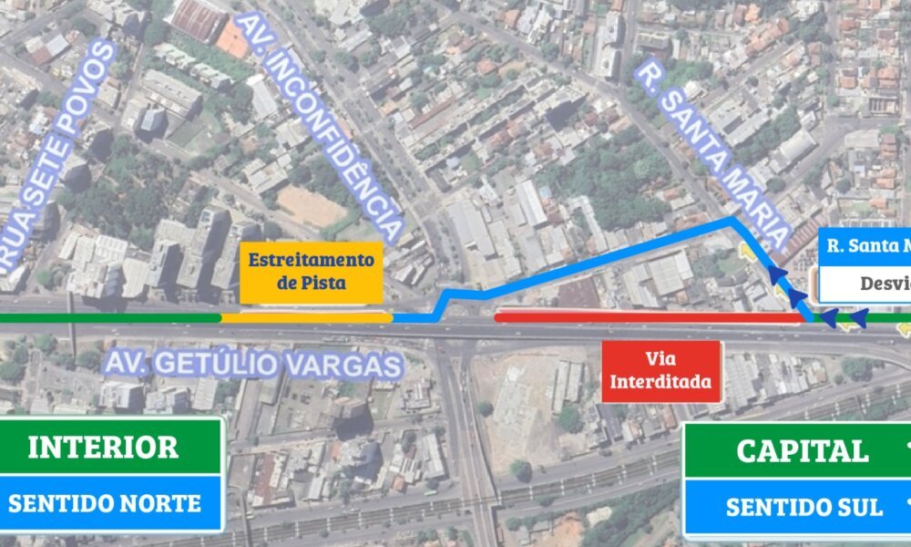 DNIT alerta para mudanças no trânsito na rua lateral sob o viaduto da Metrovel, na BR-116 nesta segunda-feira, 12, e terça-feira, 13