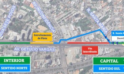 DNIT alerta para mudanças no trânsito na rua lateral sob o viaduto da Metrovel, na BR-116 nesta segunda-feira, 12, e terça-feira, 13